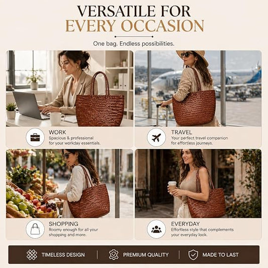 YOCO Small Yugrace Handwoven Genuine Leather Tote Bag for Women, Woven Shoulder Handbag, Handmade Artisan, Durable Travel Bag