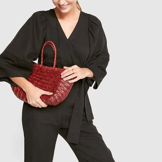 YOCO Small Triple Jump Handwoven Genuine Leather Tote Bag for Women, Woven Shoulder Handbag, Handmade Artisan Purse Y9988TJS