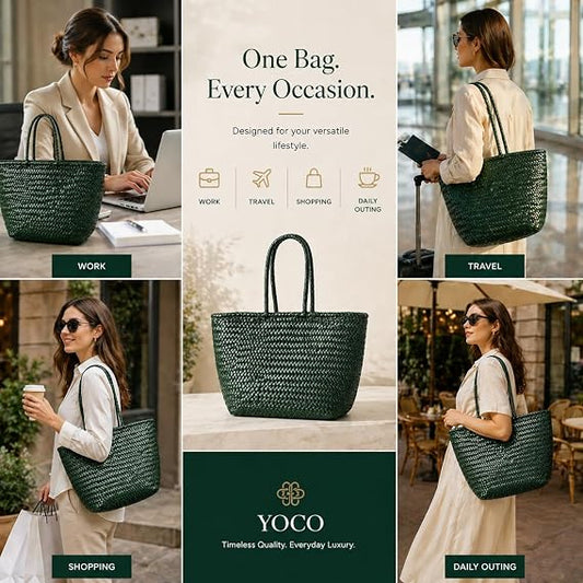 YOCO Small Yugrace Handwoven Genuine Leather Tote Bag for Women, Woven Shoulder Handbag, Handmade Artisan, Durable Travel Bag