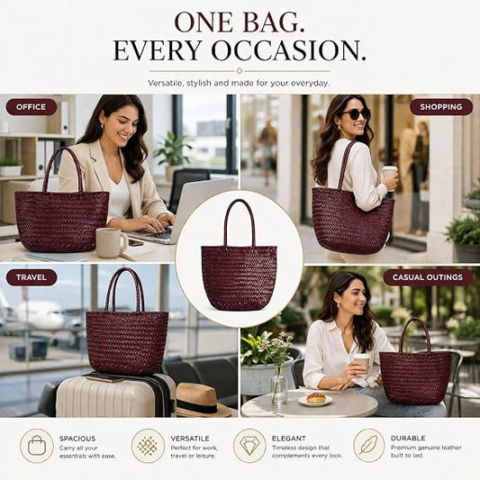 YOCO Small Yugrace Handwoven Genuine Leather Tote Bag for Women, Woven Shoulder Handbag, Handmade Artisan, Durable Travel Bag