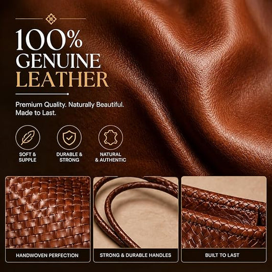 Small Yugrace Handwoven Genuine Leather Tote Bag for Women, Woven Shoulder Handbag, Handmade Artisan, Durable Travel Bag